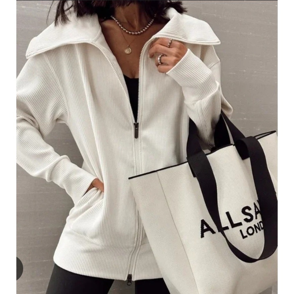 Zella Women's Medium Full Zip Jacket Ivory White Ribbed Chunky Knit Wide Collar